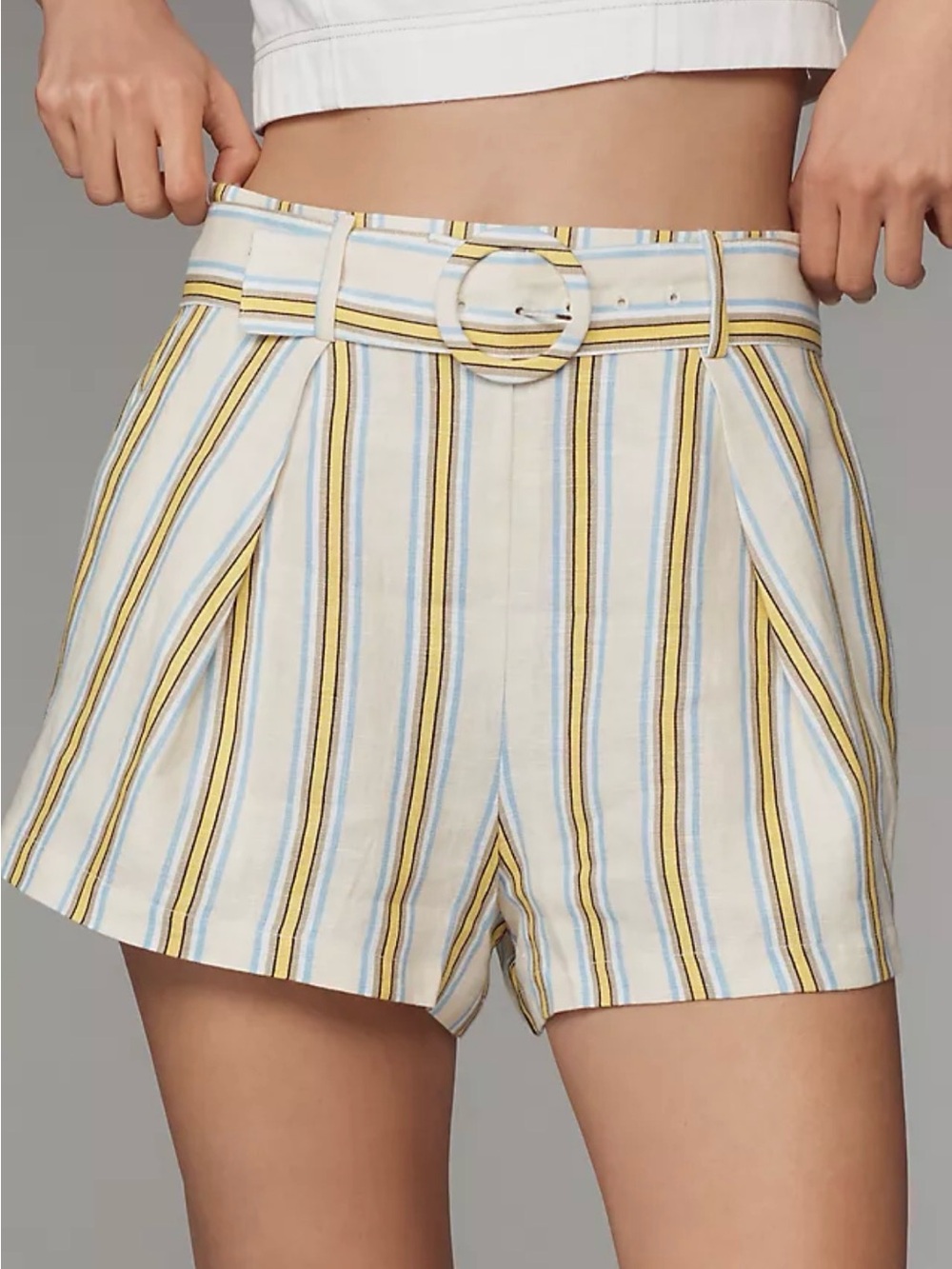 Anthropologie Maeve Woman’s 100% Linen Striped Belted Shorts, Size 12, NWT